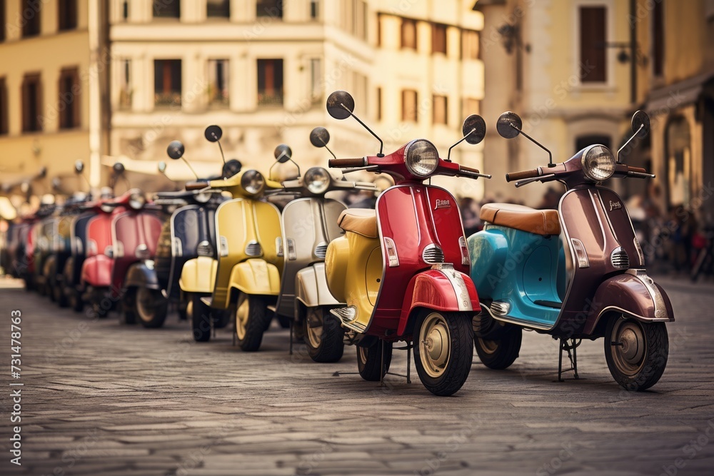 A lineup of motor scooters neatly parked next to one another in a row, Retro Vespa scooters in different shades parked in a European square, AI Generated