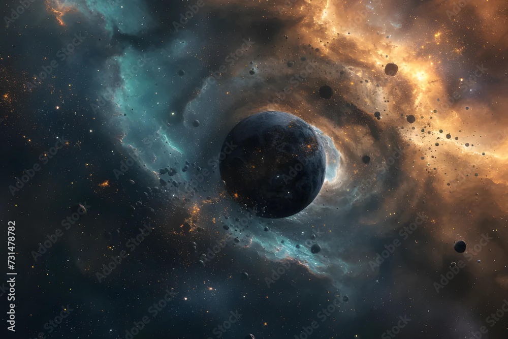Explore this captivating stock image depicting an artistic interpretation of a black hole drawing in surrounding stars and nebulae, illustrating gravity's power.
