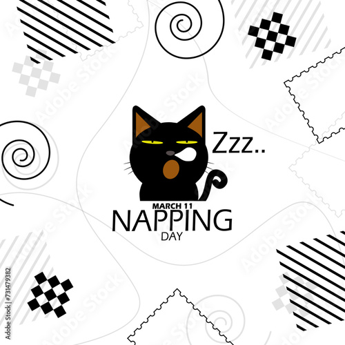 National Napping Day event banner. A cute black cat sleeping, with bold text and elements on white background to celebrate on March 11