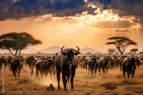 A group of cows moving in unison across a field covered in parched grass, Roaming herds in Serengeti National Park, Tanzania, AI Generated
