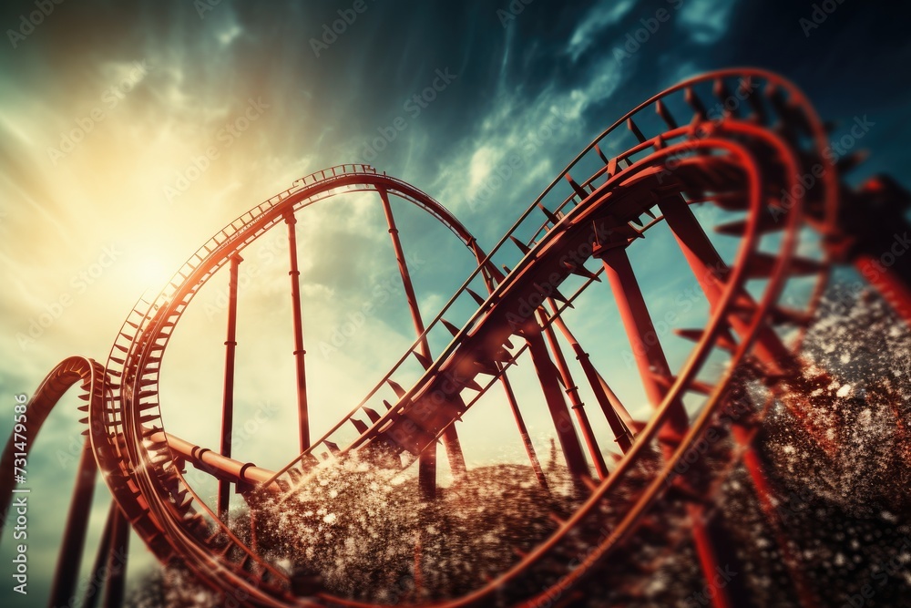 A roller coaster thrillingly speeds down a hill while the sun sets in the background, Roller coaster representing the ups and downs of the stock market, AI Generated