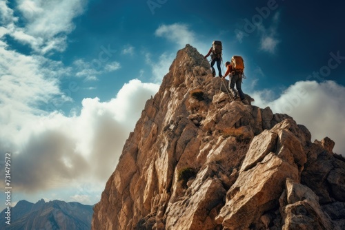 A pair of individuals standing atop a rugged mountain with a rocky terrain, Rock climbers scaling a high, steep mountain, AI Generated
