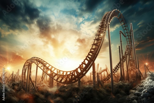 A roller coaster ride fills the sky with excitement as it stretches across clouds in a breathtaking scene, Roller coaster representing the ups and downs of the stock market, AI Generated