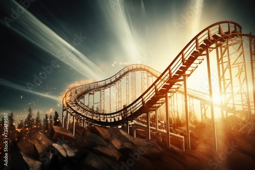 Experience the adrenaline as a roller coaster hurtles down a hill, against the backdrop of a stunning sunset, Roller coaster representing the ups and downs of the stock market, AI Generated photo