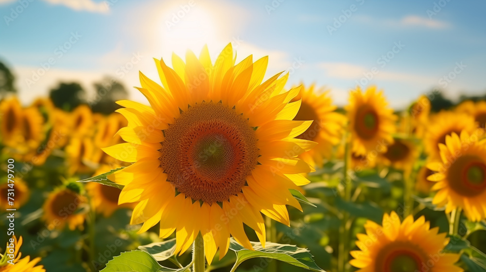Obraz premium Beautiful Summer Sunflower Field under Blue Sky. Close-up