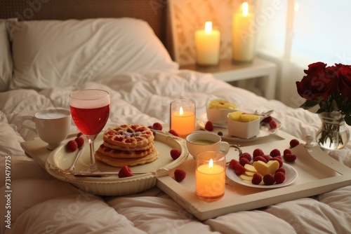 A delightful arrangement of food and candles set on a cozy bed, perfect for creating a relaxing and romantic ambiance, Romantic Valentine's Day breakfast in bed, AI Generated