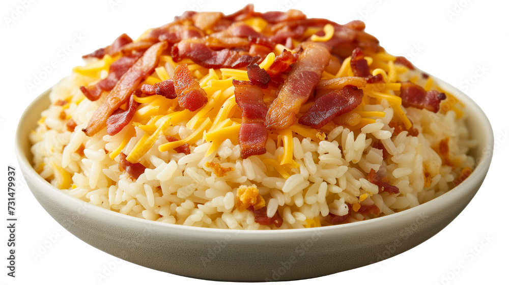 Hearty Cheesy Rice with Crispy Bacon and Green Onions in a Bowl Hearty Cheesy Rice with Crispy Bacon and Green Onions in a Bowl