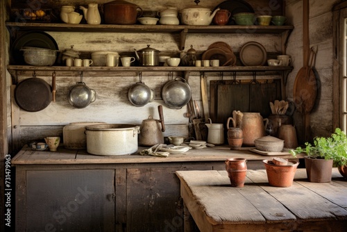 This image showcases a well-organized kitchen shelf with an assortment of pots and pans, Rustic farmhouse kitchen with antique utensils, AI Generated