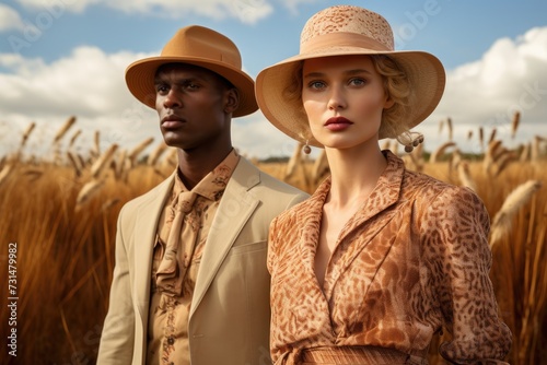 A peaceful scene depicting a man and woman standing together in a vibrant wheat field, Safari-inspired attire in a savanna setting, AI Generated © Iftikhar alam