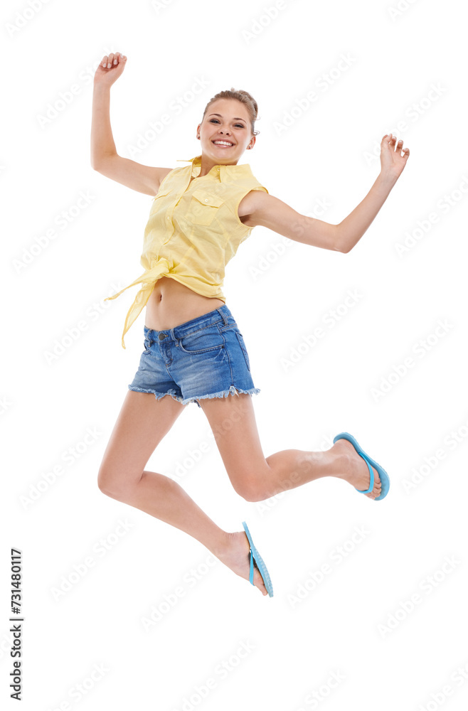 Excited, jump or portrait of girl teenager in studio for news, announcement or bonus prize. Energy, smile or happy model winner in celebration of fashion discount, success or sale on white background