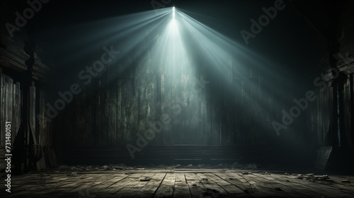 Empty Concrete Interior with Wooden Floor and Grunge wall. Grungy Dark Hall with Light Rays coming from top window. Nobody. 