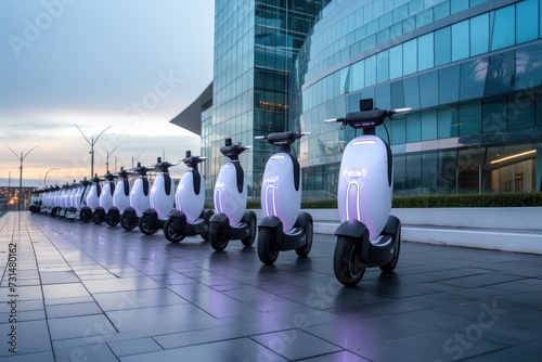 Multiple electric scooters neatly lined up in front of a building, Segways parked in front of a futuristic building, AI Generated photo