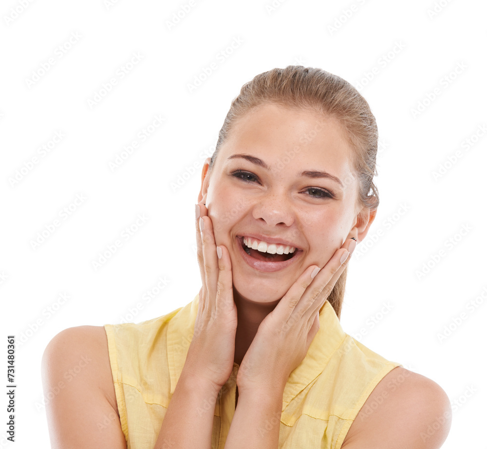 Woman, hands on face and beauty with happiness in studio, positivity and pride with skincare on white background. Touching skin, glow and wellness with smile in portrait, facial and natural cosmetics Woman, hands on face and beauty with happiness in studio, positivity and pride with skincare on white background. Touching skin, glow and wellness with smile in portrait, facial and natural cosmetics