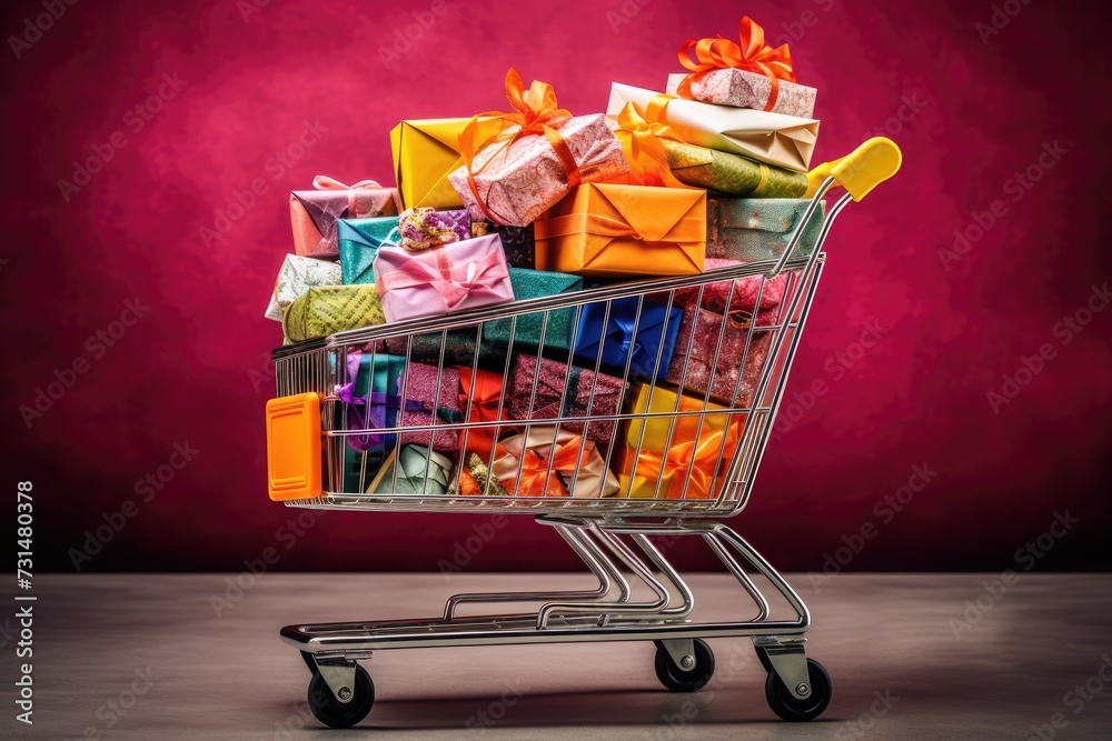 Shopping Cart Filled With Wrapped Presents, Convenient Holiday Shopping Solution, Shopping cart housing a myriad of colorful wrapped gifts, AI Generated