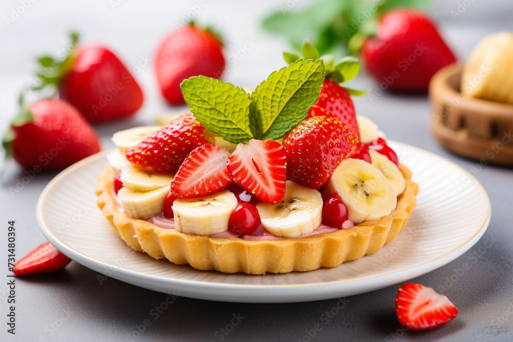 Illustration of an appetizing fruit pie consisting of banana and strawberries on a plate on a light background, delicious dessert, homemade food, Very tasty and healthy, culinary art. Illustration of an appetizing fruit pie consisting of banana and strawberries on a plate on a light background, delicious dessert, homemade food, Very tasty and healthy, culinary art.