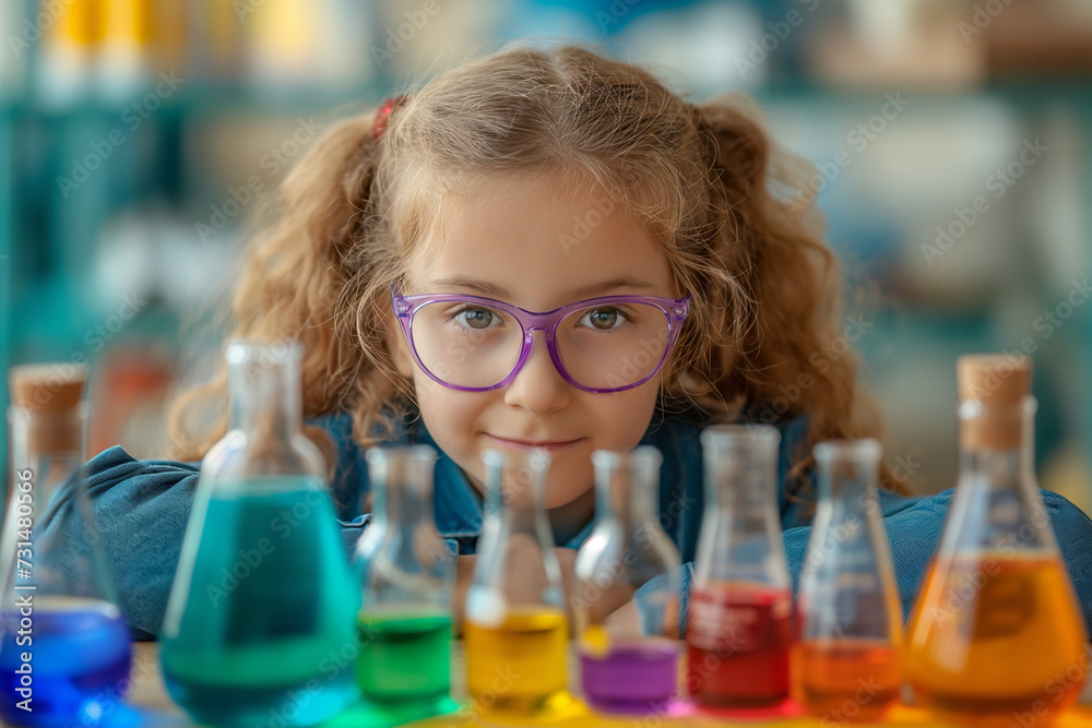 A children girls, smiling and having fun while sitting in a classroom at school,laboratory lab, generative ai illustration. A children girls, smiling and having fun while sitting in a classroom at school,laboratory lab, generative ai illustration.