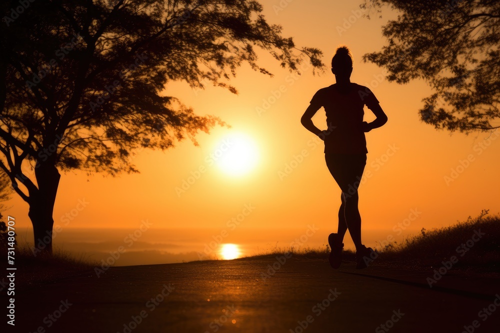 Witness the awe-inspiring silhouette of a runner gracefully sprinting against a breathtaking sunset backdrop, Silhouette of a marathon runner at sunrise, AI Generated Witness the awe-inspiring silhouette of a runner gracefully sprinting against a breathtaking sunset backdrop, Silhouette of a marathon runner at sunrise, AI Generated