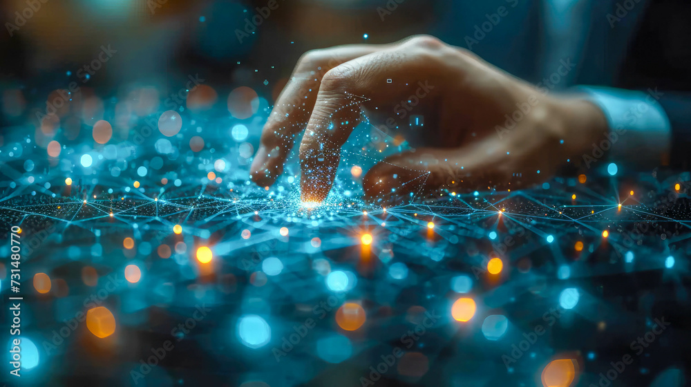 Fototapeta premium Finger touching digital hologram. Futuristic technology concept