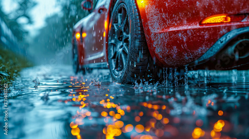New tire in a puddle with water drops. Selective focus