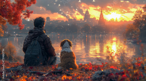 Little boy and dog sitting on the bank of the river at sunset