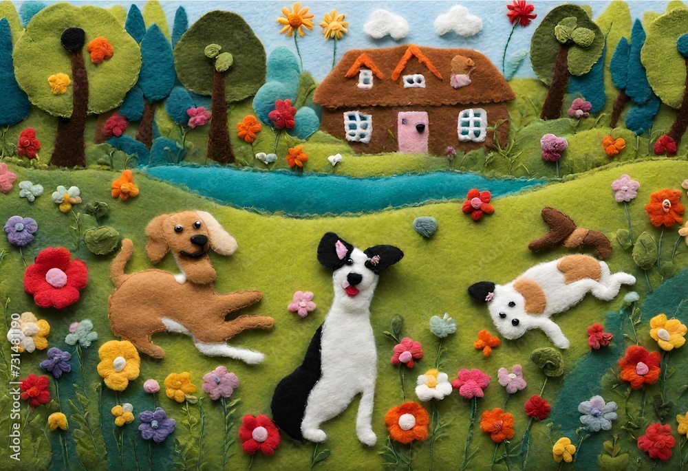 Fototapeta premium view of a meadow with dogs playing on the front lawn Among the bright nature, Among the flowers and trees, felt art