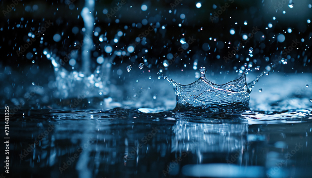 Closeup of rain drops splashing in in a puddle. Rainy season Autumn in a city macro shot, melancholic, sad mood