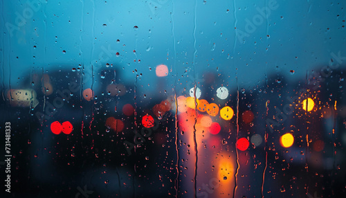 Rainy window with blurry city lights in the background. Bokeh out of focus blur, gloomy weather, melancholic mood, sadness, longing, depression concept backdrop