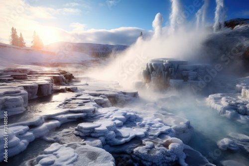 A powerful geyser releasing a forceful stream of water, shooting it high into the sky, Steaming geysers surrounded by fluffy snow in a icy landscape, AI Generated