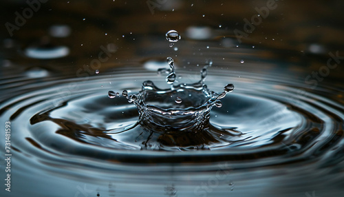 Closeup of a water drop splash in in a pond. Macro shot, blue and gray tones, surface tension, beautiful nature