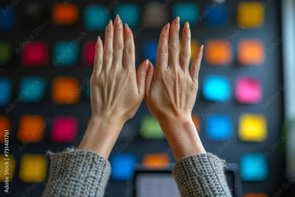 Hands clapping in a high-five with colorful background