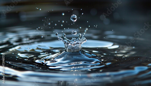 Closeup of a water drop splash in in a pond. Macro shot, blue and gray tones, surface tension, beautiful nature