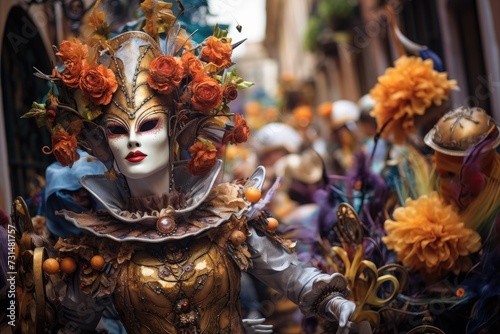 A woman wearing a colorful costume with a crown made of flowers on her head, Street masquerade festival, with costumes and floats, AI Generated