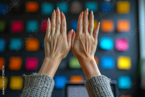 Hands clapping in a high-five with colorful background
