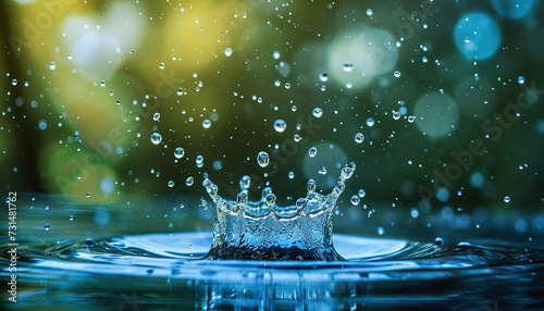 Closeup of a water drop splash in in a pond. Macro shot, blue and gray tones, surface tension, beautiful nature