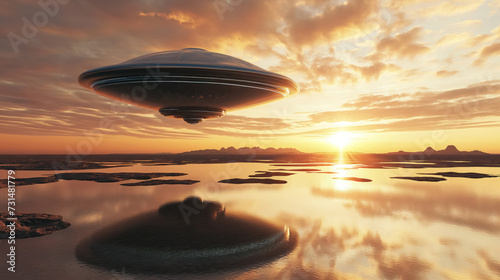 UFO hovering over a serene lakescape at sunset.