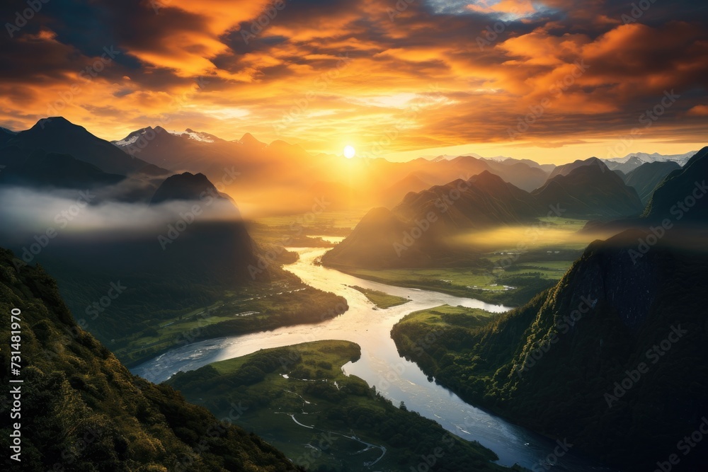 A beautiful sunset casts a warm glow over the majestic mountains and flowing river, Sunrise over New Zealand's breathtaking Fiordland National Park, AI Generated A beautiful sunset casts a warm glow over the majestic mountains and flowing river, Sunrise over New Zealand's breathtaking Fiordland National Park, AI Generated