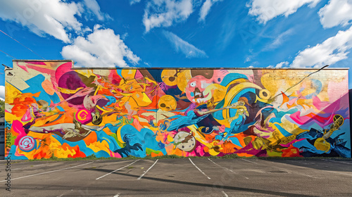 Expansive mural with vibrant abstract shapes.