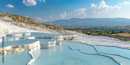 Mineral rich baby blue thermal waters in white travertine terraces on a hillside in Pamukkale, Turkey. Outdoors spa in nature, travel destination, relaxation and calmness landscape background photo