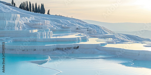 Mineral rich baby blue thermal waters in white travertine terraces on a hillside in Pamukkale, Turkey. Outdoors spa in nature, travel destination, relaxation and calmness landscape background © Ars Nova