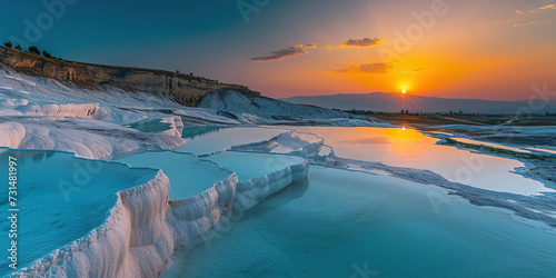 Mineral rich baby blue thermal waters in white travertine terraces on a hillside in Pamukkale, Turkey. Sunset outdoors spa in nature, travel destination, relaxation and calmness landscape