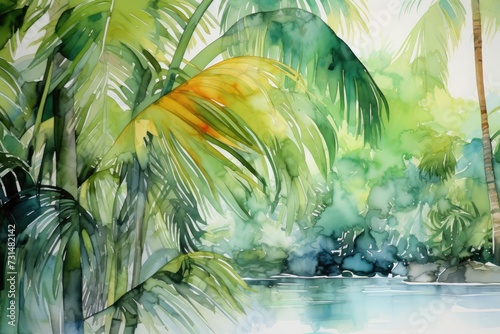 A captivating painting depicting a vibrant tropical scene  featuring majestic palm trees in full splendor  Swaying palm trees captured in the fluidity of abstract watercolors  AI Generated