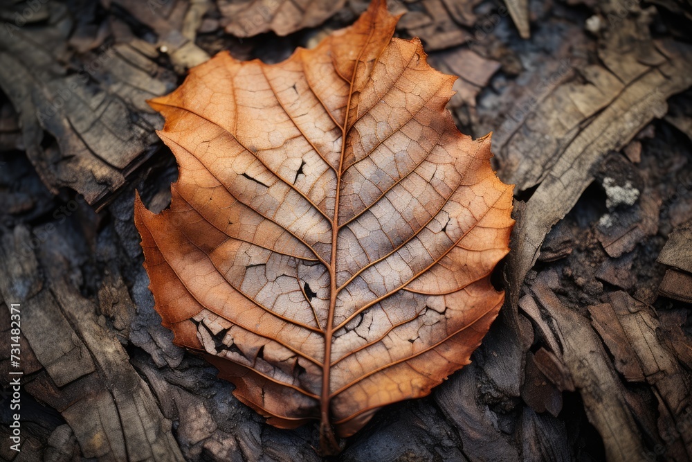 A single leaf rests peacefully on the ground, surrounded by the serene and tranquil ambiance of the woods, The brittle and splintered texture of a fallen leaf, AI Generated