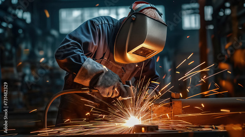 Worker welding metal with bright sparks flying.