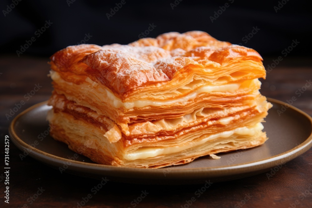 A stack of flaky pastries placed neatly on a plate, The flaky and layered texture of a pastry, AI Generated