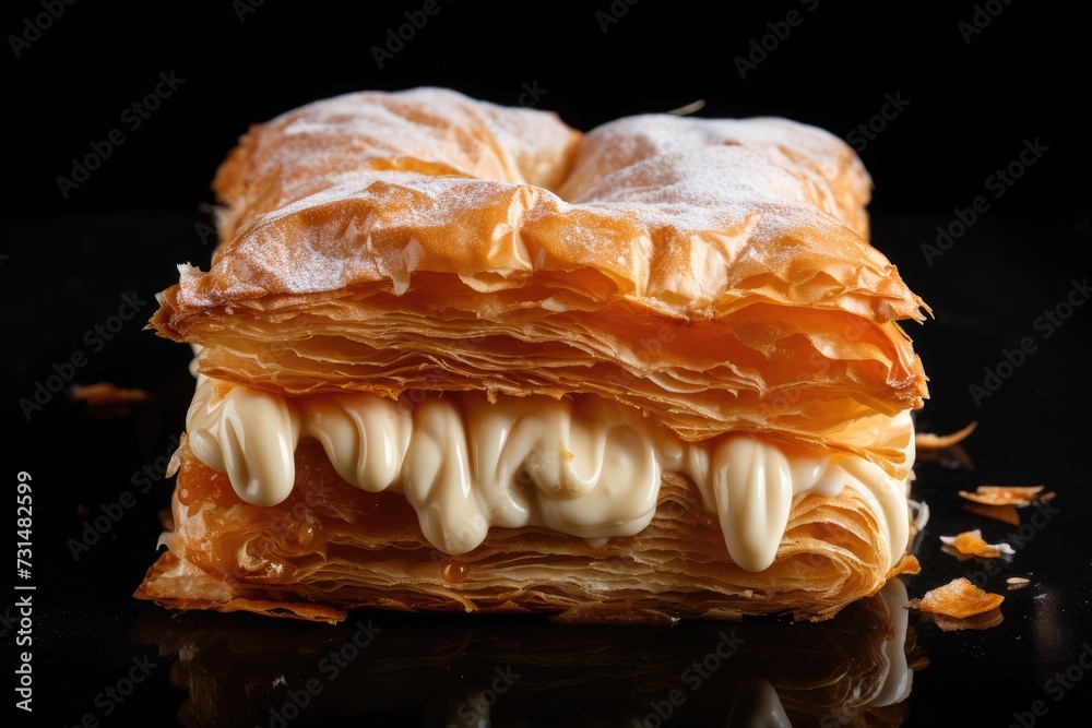A mouthwatering image capturing a pastry up close, showcasing a bite that adds a delectable touch, The flaky and layered texture of a pastry, AI Generated A mouthwatering image capturing a pastry up close, showcasing a bite that adds a delectable touch, The flaky and layered texture of a pastry, AI Generated