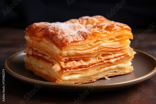 A stack of flaky pastries placed neatly on a plate, The flaky and layered texture of a pastry, AI Generated