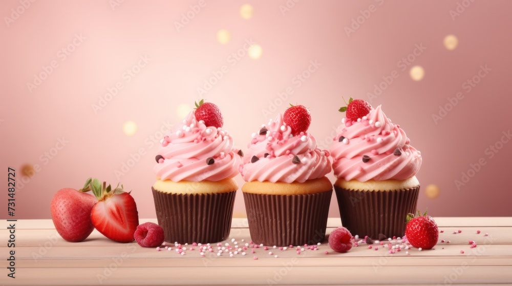 Advertising shoot of cupcakes dessert on a pink background.