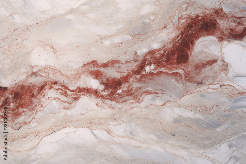 Obraz premium A detailed shot showing the red and white colors of a marble surface up close, The hard and cool texture of a marble tile, AI Generated