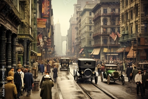 A lively city street filled with a multitude of people and a variety of vintage cars, The hustle and bustle of a New York street in the 1920s, AI Generated