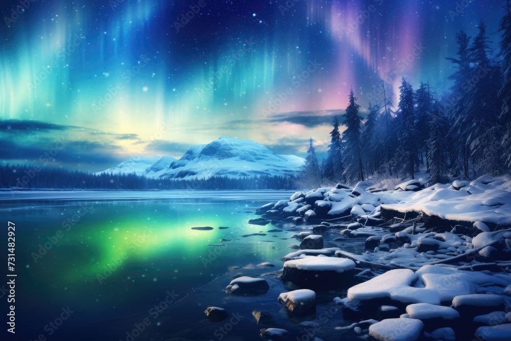 Vibrant Northern Lights illuminate the night sky casting a spectacular glow over a frozen lake surrounded by snow, The Northern Lights shimmering over a snowy landscape, AI Generated